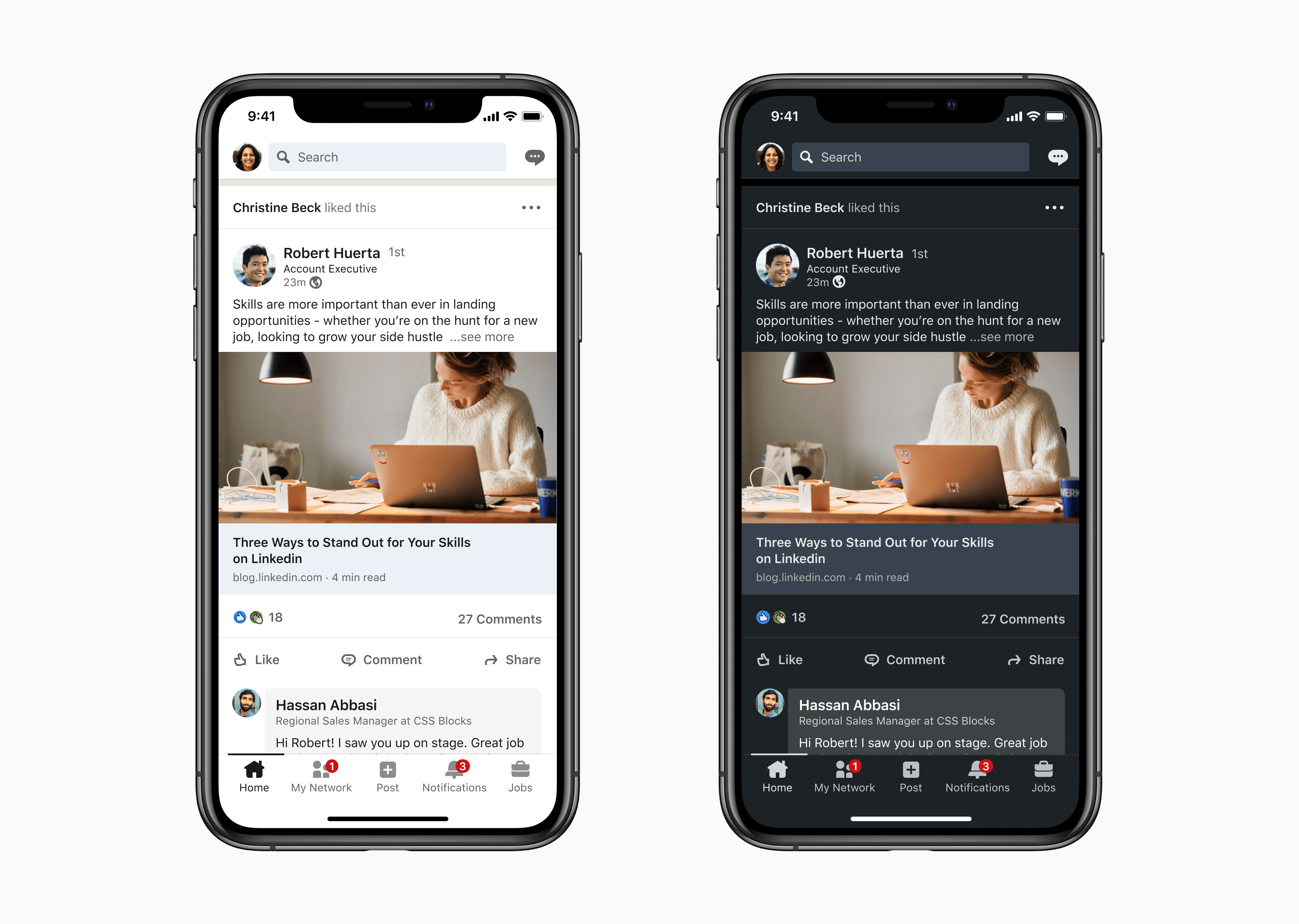 LinkedIn dark mode across mobile screens