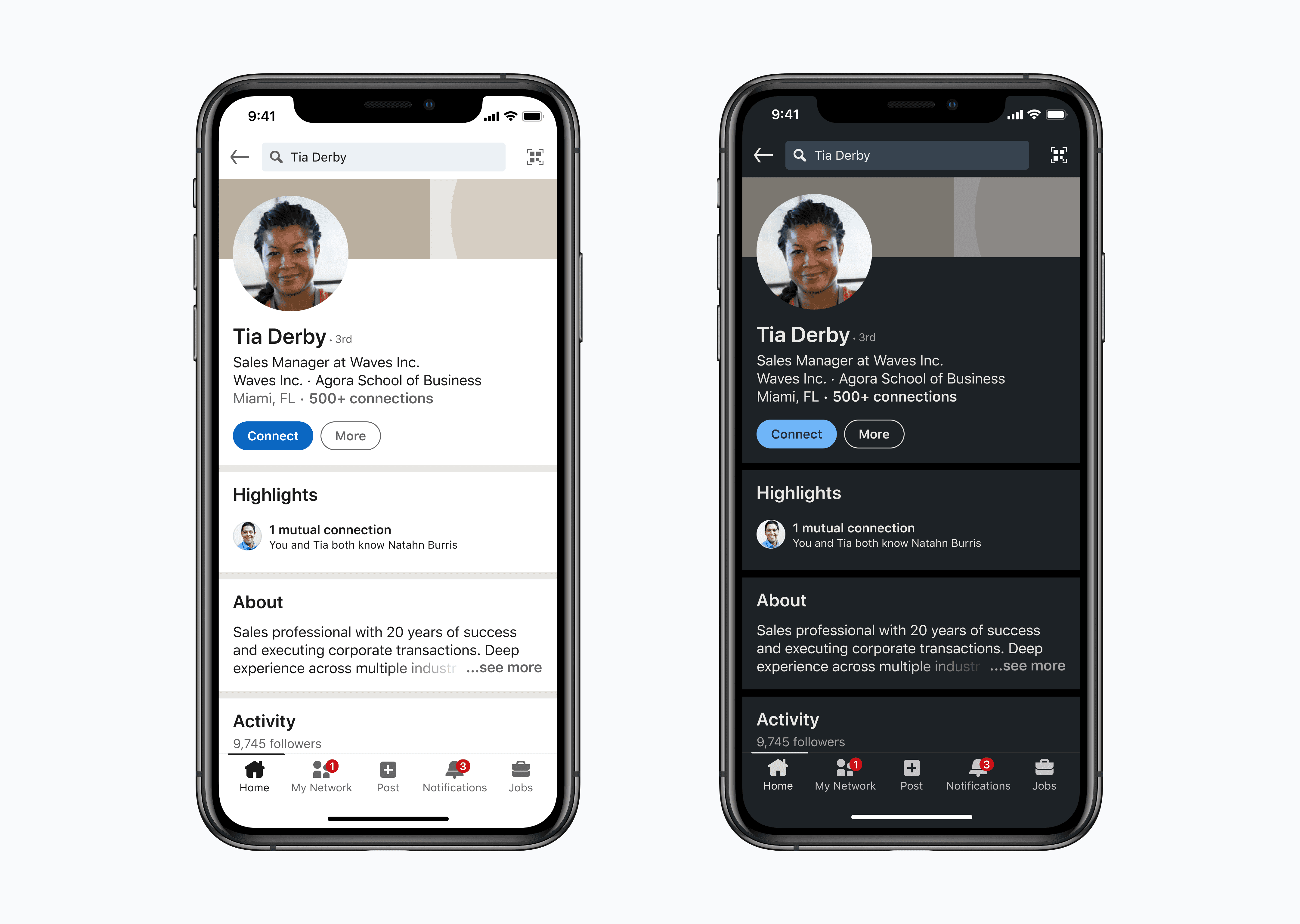 Profile screen in light and dark mode